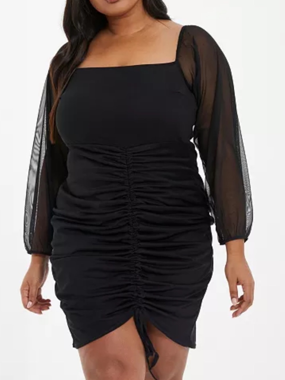 QUIZ Square-Neck Black Ruched Mini Dress with Sheer Long Sleeves Sz 16 NWT